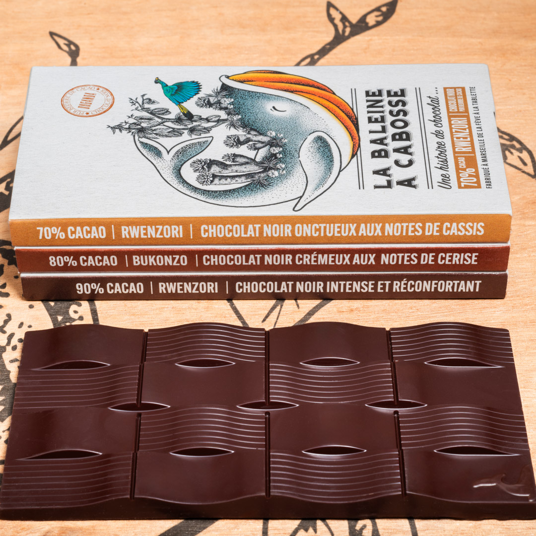Pack 3 tablettes Ouganda 2 Pack de 3 tablettes de chocolat noir d’Ouganda : Rwenzori 70%, Bukonzo 80%, Twenzori 90%